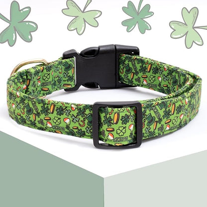 Faygarsle St Patrick's Day Dog Collar Cute Holiday Collar for Small Medium Large Dogs Green Trefoil Print Lucky Straw Cotton Dog Collar S