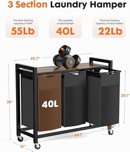 Sweetcrispy Laundry Hamper with 3 Pull-Out Removable Sorter Bags, Movable Wheels, Freestanding Clothes Basket Organizer in Bathroom, 3 × 10.6 Gal (120L) Capacity, Rustic Brown and Black