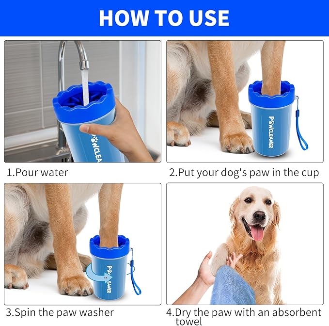 Professional 7 in 1 Dog Paw Cleaner for Dogs - Includes 1 Portable Paw Washer, 1 Bath Brush, 2 Dog Toothbrushes and 3 Absorbent Towels Note: Fits Paws 1.5 to 2.5 Inches Wide (Medium, Navy Blue)