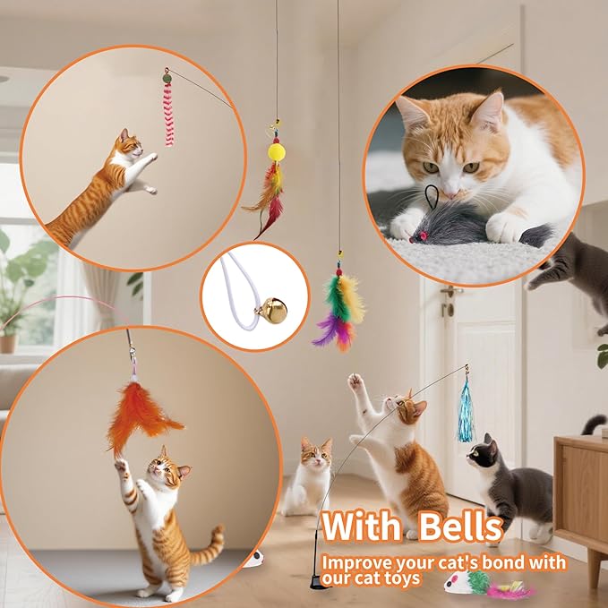 15PCS Cat Wand Toy Accessories, Cat Feather Toy Attachments Replacements, Mouse Toy and Tassels Strip for Indoor Cats Kitten
