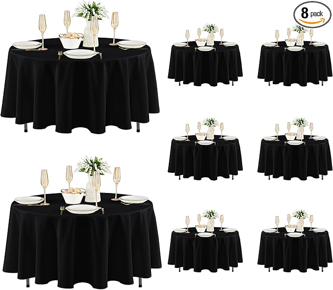 Fitable 8 Pack Round Tablecloths: Stain Resistant Wrinkle Free Circle Table Clothes, Washable Reusable Polyester Table Covers for Wedding Party Birthday Banquet Reception(Black, 84 Inch)