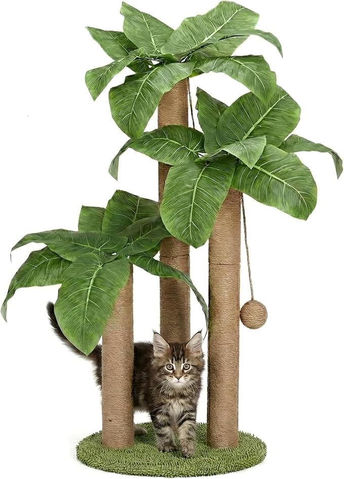 LEMONDA 31.5Inch Cat Scratching Post,Cat Scratcher Tree with 3 Scratching Poles & 2 Interactive Dangling Balls,Cats Scratching Posts for Indoor Kitten & Adult Cats