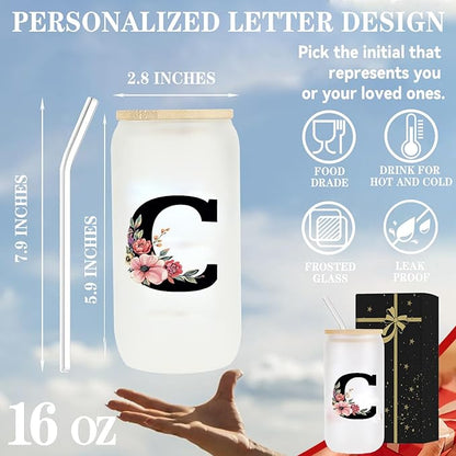 Monogrammed Glass Drinking Cup With Lid Straw Personalized Customized Post Cards Women Wife Gifts Anniversary Her 9 11 12 13 15 16 17 18 19 22 39 44 Christmas Xmas Valentines Birthday Groom Gifts,O