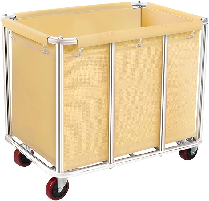 Commercial Laundry Cart with Wheels, 11.35 Bushel Large Laundry Tumbler with Removable Waterproof Canvas Lined Basket, Heavy Duty Stainless Steel Laundry Basket for Hotels and Hospitals