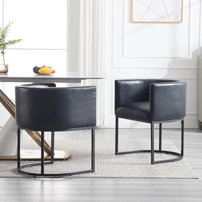 Faux Leather Dining Chair Modern Barrel Arm Chairs with Black Metal Frame, Upholstered Kitchen Chairs 18.5" Wide Accent Chair for Living Room Dining Room Restaurant, Black
