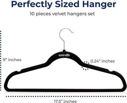 SereneLife 10 Pack Velvet Hangers – Non-Slip Clothes Hangers with Heavy Duty Design, Slim Space-Saving Coat Hangers with 360° Swivel Hook, Strong Lightweight Closet Organizer Set for Clothes (Black)