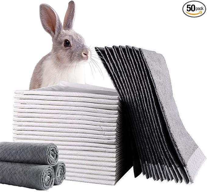 PINVNBY Rabbit Pee Pads 23.62"x17.72" Disposable Cat Cage Liners Black Carbon Super Absorbent Odor-Control,Bunny Potty Training Pad with Quick-Dry Surface for Puppy Kitten Hamsters Dog(50 Pieces)