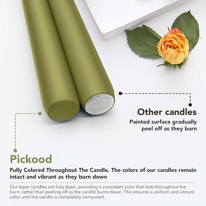 New Burning Formula Unscented Dripless 10-Inch Taper Candles Set of 12 - Olive Green, for Wedding, Dinner - Smokeless, Long Burning - Hand Poured, Colored Tall Candlesticks - Verde Oliva