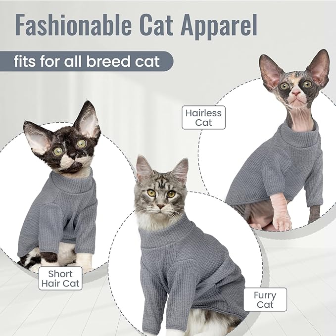 DENTRUN Sphynx Hairless Cats Shirt Pullover Kitten T-Shirts, Breathable Cat Wear Turtleneck Sweater Adorable Cat's Clothes Vest Pajamas Jumpsuit