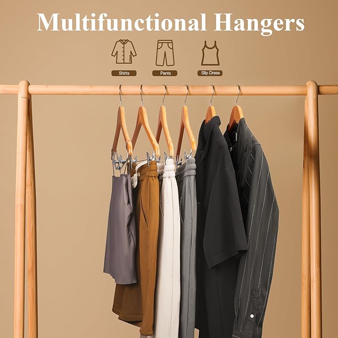 Wooden Hangers with Adjustable Heavy Duty Clips - 24 Pack Pants, Skirt, Jeans, Slacks, Shorts Hangers (Natural)