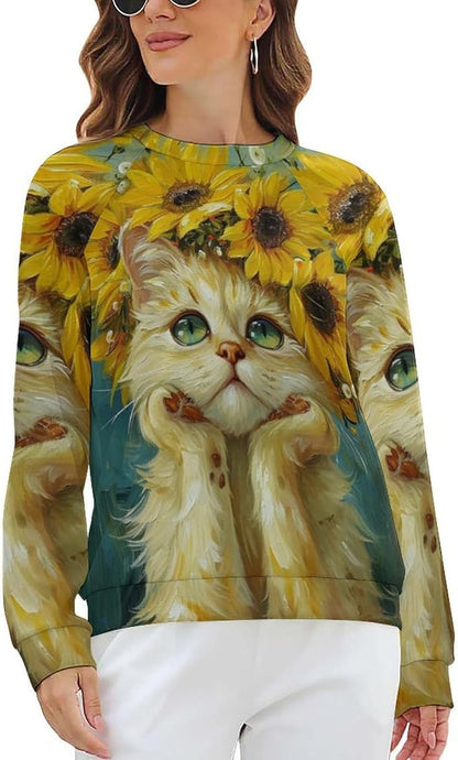 Long Sleeve Shirts for Women Cat Oil Painting Shirt 3D Graphic Sweatshirts Fall Pullover Crewneck Vintage Boho Tops