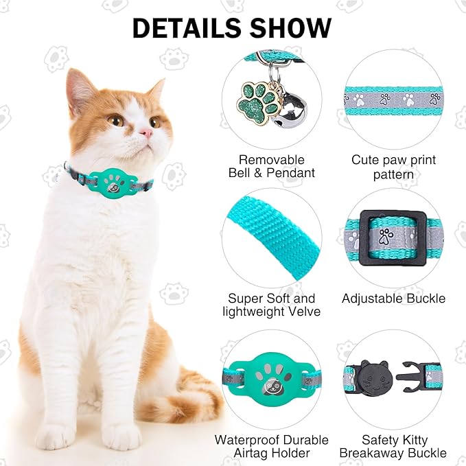 Airtag Cat Collar Breakaway, Reflective Kitten Collar with Bell and Apple Air Tag Holder, GPS Cute Cat Collar, Glow in The Dark Pet Collars for Boy Girl Cats, Kittens, Puppies, Aqua