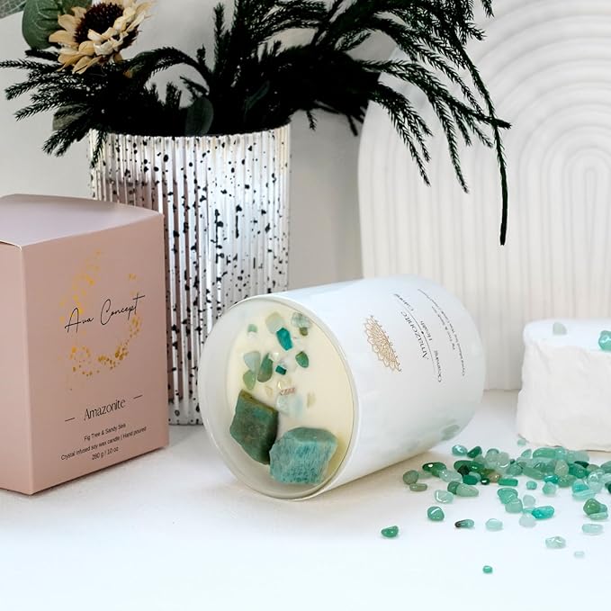 Crystal Candles Scented - Fig Tree Sandy Sea Aromatherapy Candle with Amazonite for Women - Soy Candles for Meditation Home Decor - 10 oz