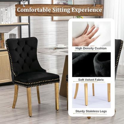 Goujxcy 70" Glass Dining Table Set for 6, Modern Gold Dining Table Set with 6 Black Velvet Upholstered Dining Chairs, 7 Piece Kitchen Dining Room Table Set with Stainless Steel Legs