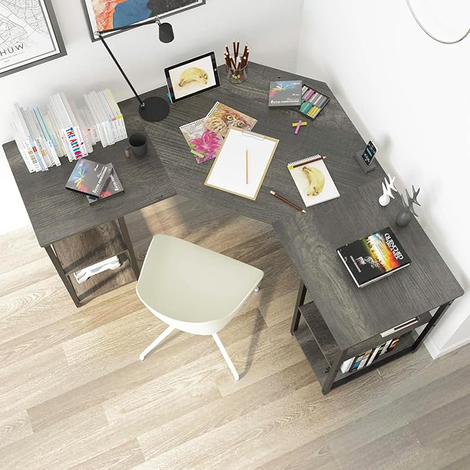 Elephance Large L-Shaped Computer Desk with Shelves, Corner Desk, Home Office Writing Workstation, Gaming Desk PC Latop Table with Storage