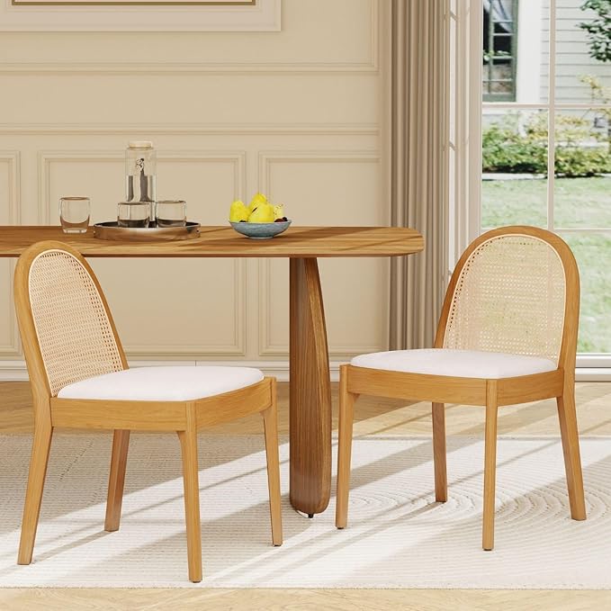LukeAlon Linen Dining Chairs Set of 2, Natural Woven Cane Back Side Chairs with Solid Wood Legs Mid Century Dinner Chairs for Kitchen Living Room, Beige