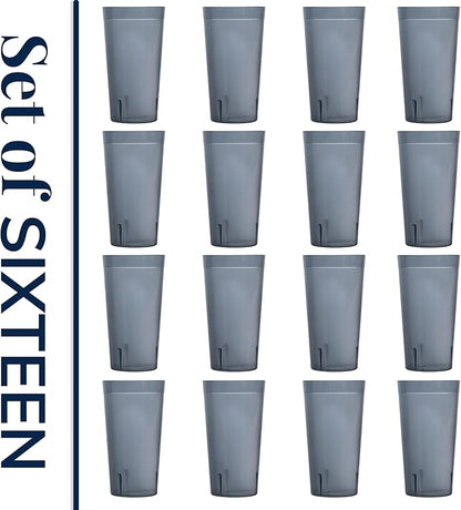 US Acrylic Cafe Plastic Reusable Tumblers (Set of 16) 20-ounce Water Cups in Grey | Value Set of Restaurant Style Drinking Glasses, Stackable, BPA-free, Made in the USA | Top-rack Dishwasher Safe