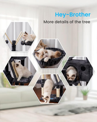 Hey-brother Cat Tree, 53 inch Cat Tower for Indoor Cats, Cat House with Padded Platform Bed, Toy Balls, Large Cozy Condo, Hammocks and Sisal Scratching Posts, Smoky Gray MPJ019-SG