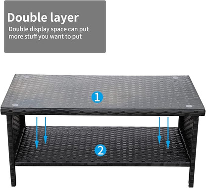 Outdoor Wicker Coffee Table Patio Furniture Garden Rattan 2-Layer Glass Table with Storage and Furniture Cover, Black
