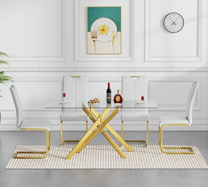 Goujxcy Gold Dining Table Set for 4, Glass Kitchen Table with Chair Set, Modern 51" Rectangle Glass Dining Table and 4 White PU Leather Chairs with Metal Frame for Kitchen Dining Room