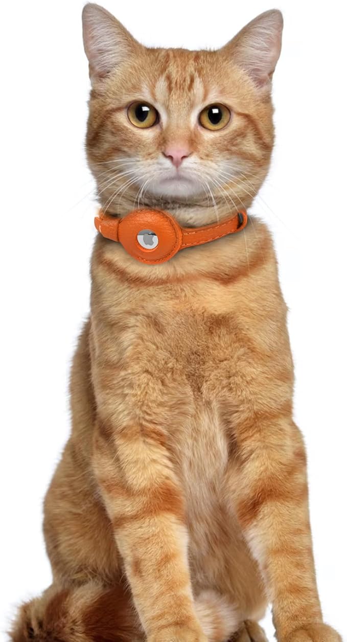 OOPSDOGGY Leather AirTag Cat Collar with Bell - Non Breakaway Kitten Collar with Apple Air Tag Holder - Lightweight GPS Pet Collars for Girl Boy Cats, Small Dogs, Puppies (Orange)
