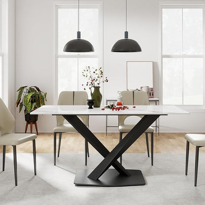 63" Modern Dining Table for 4-6 People, White Sintered Stone Table Top with X-Shape Carbon Steel Pedestal, Large Rectangular Table for Kitchen Living Room