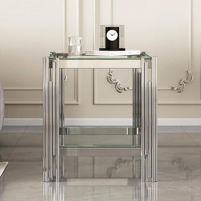 Goujxcy Modern Glass End Table Silver Sofa Side Table with Clear Glass Top and Mirror Stainless Steel Legs, Luxury Square Coffee Tea Table Bedside Tables for Living Room Bedroom, Silver