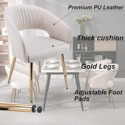 Modern Dining Chairs Set of 8, Upholstered PU Leather Gold Dining Room Chairs with Hollow Back, Accent Armrest Kitchen Chairs with Gold Legs for Living Room Cream