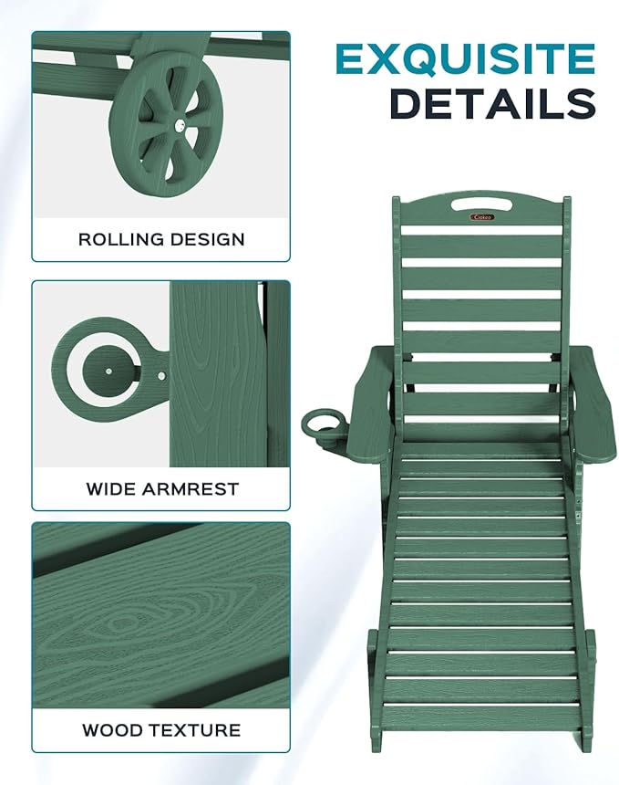 Outdoor Lounge Chair Set of 4, All Weather Patio Chaise Lounge Chair for Outside, HDPE Chair with Rolling Wheels & Cup Holder, 5 Position, Deck, Pool, Green
