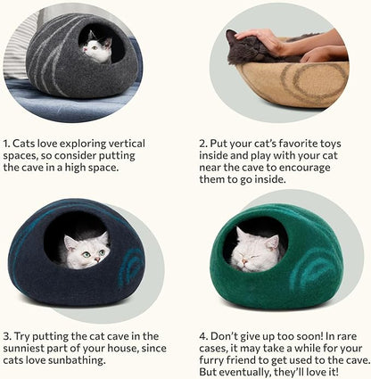 MEOWFIA Cat Cave – Premium Felt Cat Bed for Indoor Cats, Handmade 100% Merino Wool (Aquamarine, Large)