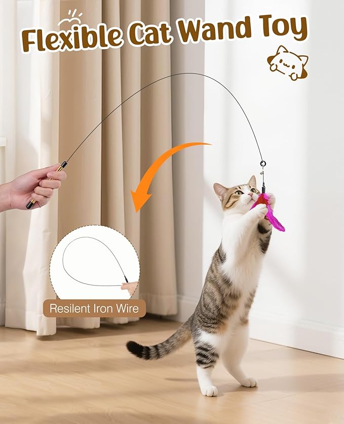 Pawaboo Feather Teaser Cat Toy, Interactive Feather Wand Cats Toy Flying Feathers Cat Catcher with Extra Long 34.5" Wand and Small Bell, Exerciser Playing Toys for Kitten or Cats, Rose + Red Brown
