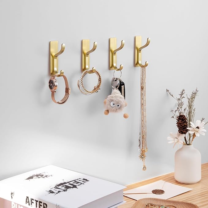 pickpiff 10-Pack Adhesive Wall Coat Hooks - Heavy Duty Stick-On Door Hanger, Metal Hook for Hanging Towel,Purse, Robe, Backpack, Jacket, Clothes - for Bathroom,Dorm, Closet, Kitchen - Brushed Gold