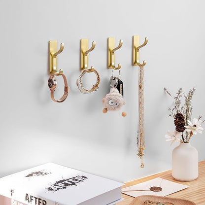 pickpiff 10-Pack Adhesive Wall Coat Hooks - Heavy Duty Stick-On Door Hanger, Metal Hook for Hanging Towel,Purse, Robe, Backpack, Jacket, Clothes - for Bathroom,Dorm, Closet, Kitchen - Brushed Gold