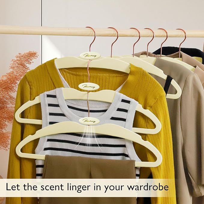 ManGotree Velvet Coat Hangers with Empty Aromatherapy Boxes, Non-Slip Short Neck Hangers, Ultra-Thin Space Saving Suit Hanger for Jacket, Shirt, Dress, Pants (22 Pack, Light Yellow)