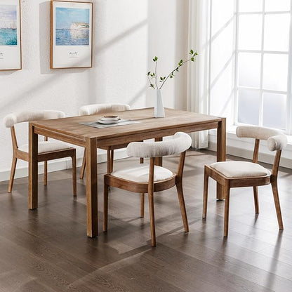 Kmax Dining Room Chairs Mid-Century Modern Fabric Kitchen Chairs with Natural Walnut Finished Frame, Linen Curved Back, Set of 4, Beige