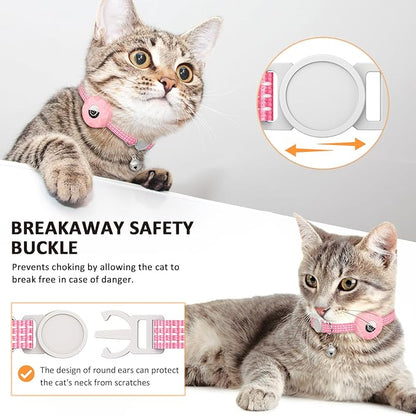 AirTag Cat Collar, Reflective GPS Tracker with AirTag Holder and Bell, Lightweight, Unisex, Black/Pink, Small Cats