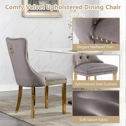 Goujxcy 5 Piece Glass Dining Table Set Modern Glass Dining Table Set for 4, 51" Rectangular Kitchen Table and 4 Velvet Upholstered Chairs for Kitchen Dining Room, Gold Table & Grey Chair