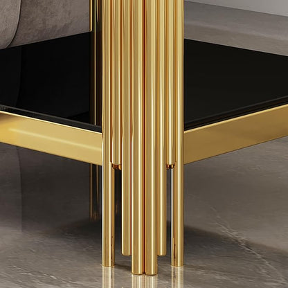 Goujxcy Modern Glass End Table Gold Sofa Side Table with Black Glass Top and Mirror Finish Stainless Steel Legs, Luxury Square Sofa Side Table Coffee Table Bedside Table for Living Room Bedroom (Gold)