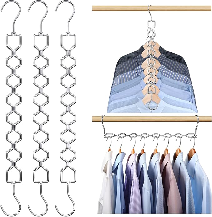 3 Pack Space Saving Hangers for Clothes, Heavy Duty 30Lbs Capacity Magic Clothes Space Saver Sturdy Metal Hanger Organizer with 360° Swivel Hook, Closet Organizers Storage Dorm Essentials Silver