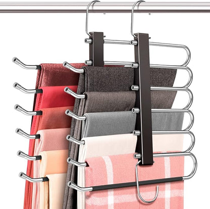Space Saving 6 Tier Pant Hangers, Anti-Slip, Stainless Steel, 2 Pack, Black