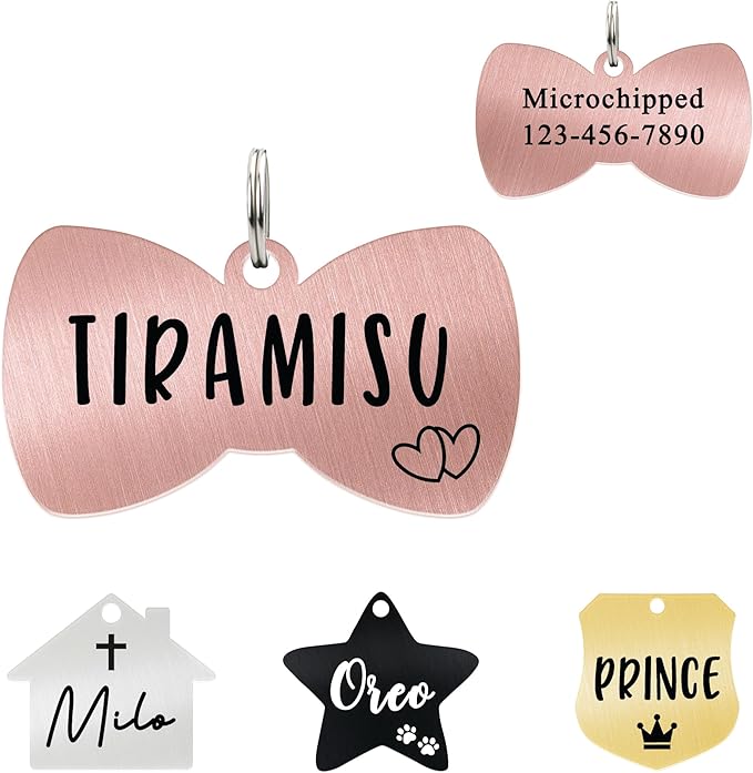 Ultra Joys Cat ID Tag Personalized Pet Tags, Durable Stainless Steel Small Pet Mini Dog Cat Tag Lightweight - Bowtie Tag in Rose Gold
