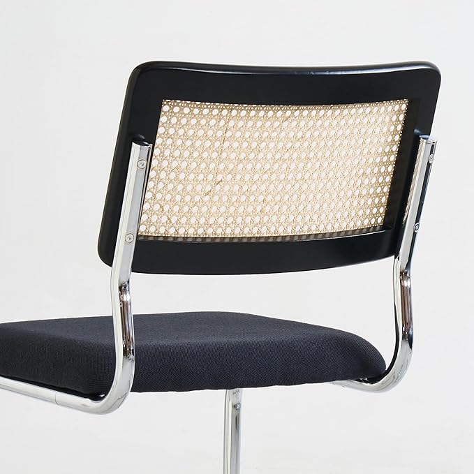 Black Chrome Rattan Dining Chairs Set of 4,Wooden Mid-Century Modern Kitchen Chairs, Mesh Back Cane Dining Room Chair, Cesca Design Chairs with Metal Chrome Legs