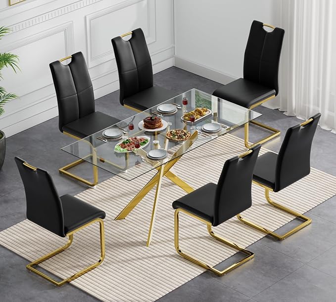 Goujxcy Gold Dining Table Set for 6, Glass Kitchen Table with Chair Set, Modern 51" Rectangle Glass Dining Table and 6 Black PU Leather Chairs with Metal Frame for Kitchen Dining Room