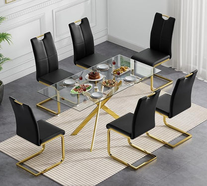 Goujxcy Gold Dining Table Set for 6, Glass Kitchen Table with Chair Set, Modern 51" Rectangle Glass Dining Table and 6 Black PU Leather Chairs with Metal Frame for Kitchen Dining Room
