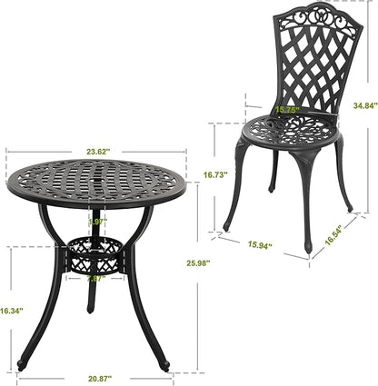 NUU GARDEN 3-Piece Patio Bistro Set Outdoor Cast Aluminum Bistro Table and Chairs Set of 2, Outdoor Patio Bistro Set with Umbrella Hole for Patio Balcony, Black