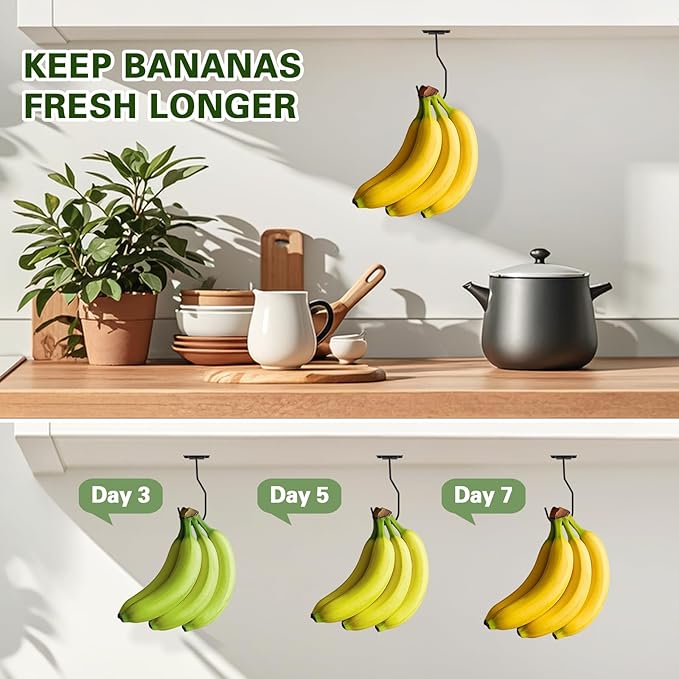 Banana Hanger Hook – Space Saving Banana Holder Hanger to Keep Bananas Fresh, Self Adhesive and Screw Banana Hook 4Pack Black