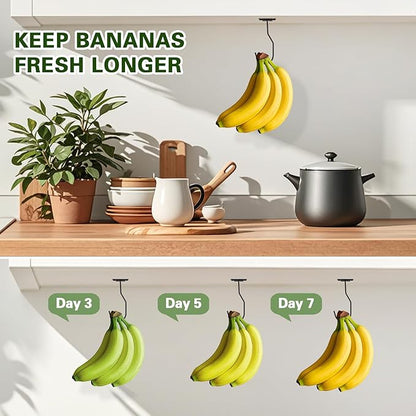 Banana Hanger Hook – Space Saving Banana Holder Hanger to Keep Bananas Fresh, Self Adhesive and Screw Banana Hook 4Pack Black