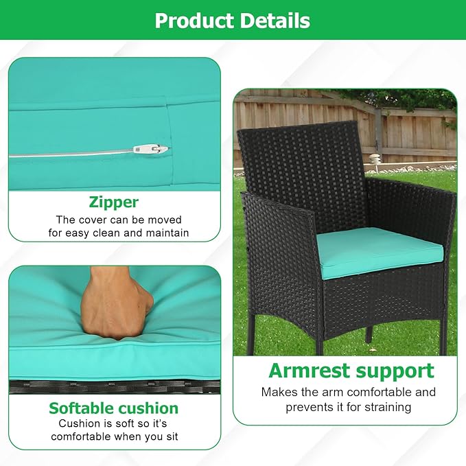 FDW 3 Piece Outdoor Furniture Set Patio Wicker Chairs Furniture Bistro Conversation Set 2 Rattan Chairs with Blue Cushions and Glass Coffee Table for Porch Lawn Garden Balcony Backyard