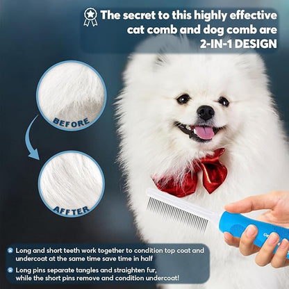 Grooming Comb for Dogs and Cats with Long & Short Stainless Steel Metal Fine Teeth for Detangling Matted Hair - Pet Detangler Comb for Removing Tangles, Knots, Loose Fur from The Undercoat