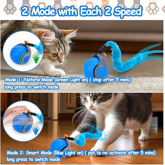 2PCS Interactive Cat Ball Toy, Self Rolling Ball with Cover Anti-Scratch for Bored Indoor Cat Chasing, Obstacle Avoidance Smart Cat Toys for Enrichment, Motion Activated Toys to Keep Them Busy
